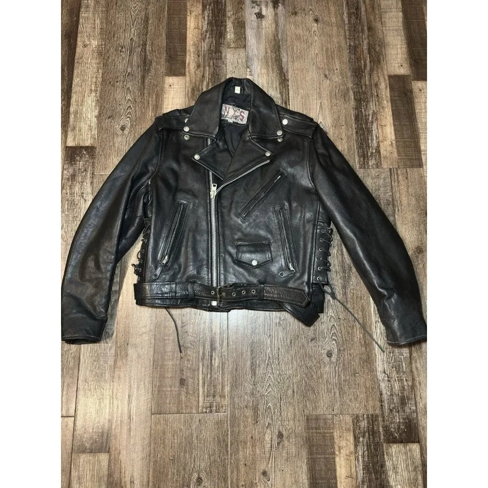 Vintage INXS Leather Motorcycle Jacket Black Belted Size 40